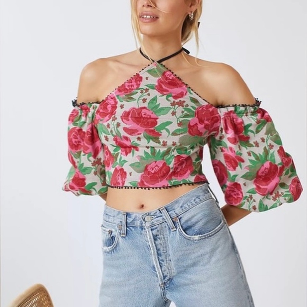 Anthropologie Floral Off-Shoulder Blouse - Pink and Green
